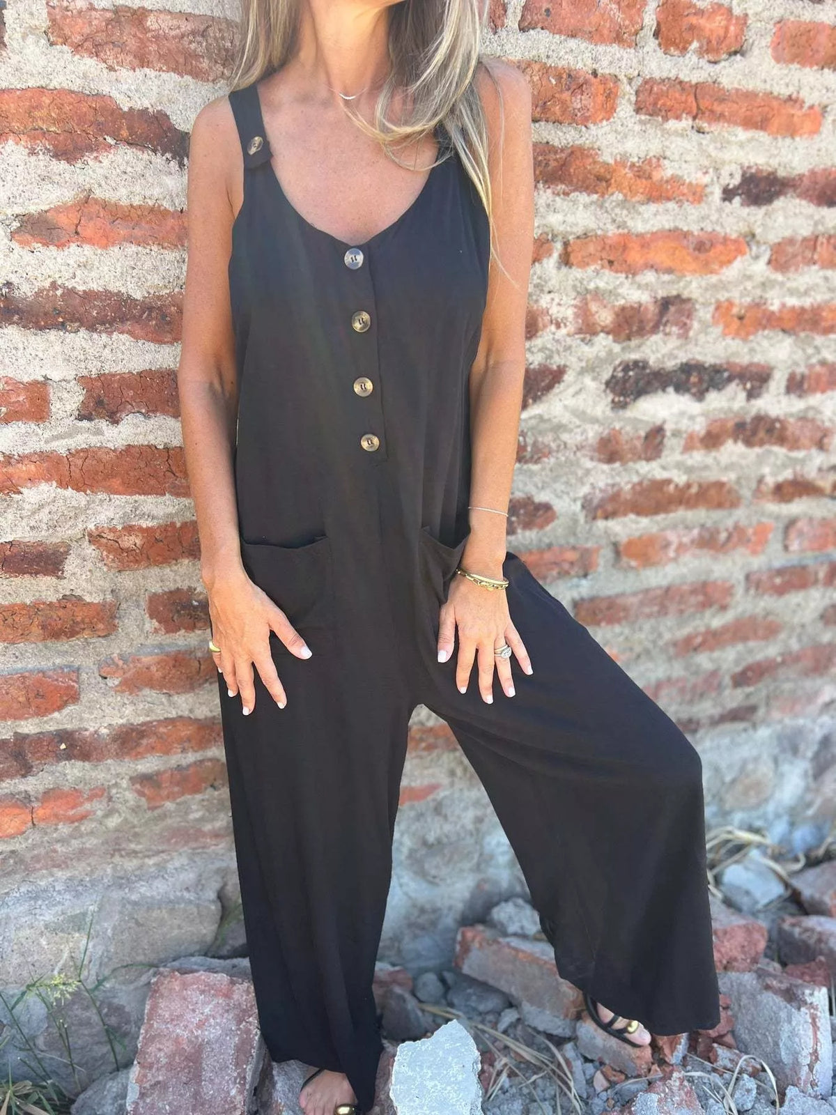Full Size Button-Front Wide Leg Jumpsuit Plus Size - Lilixa.store