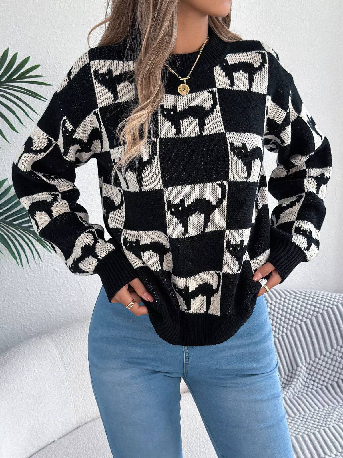 Checkerboard Halloween Graphic Sweater