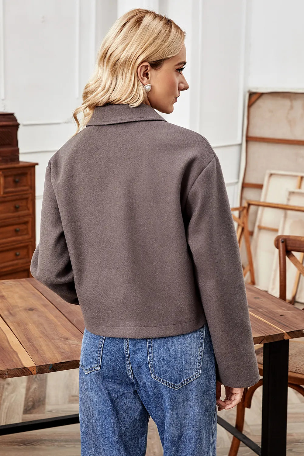Button Up Collared Neck Jacket in Mocha, view 2