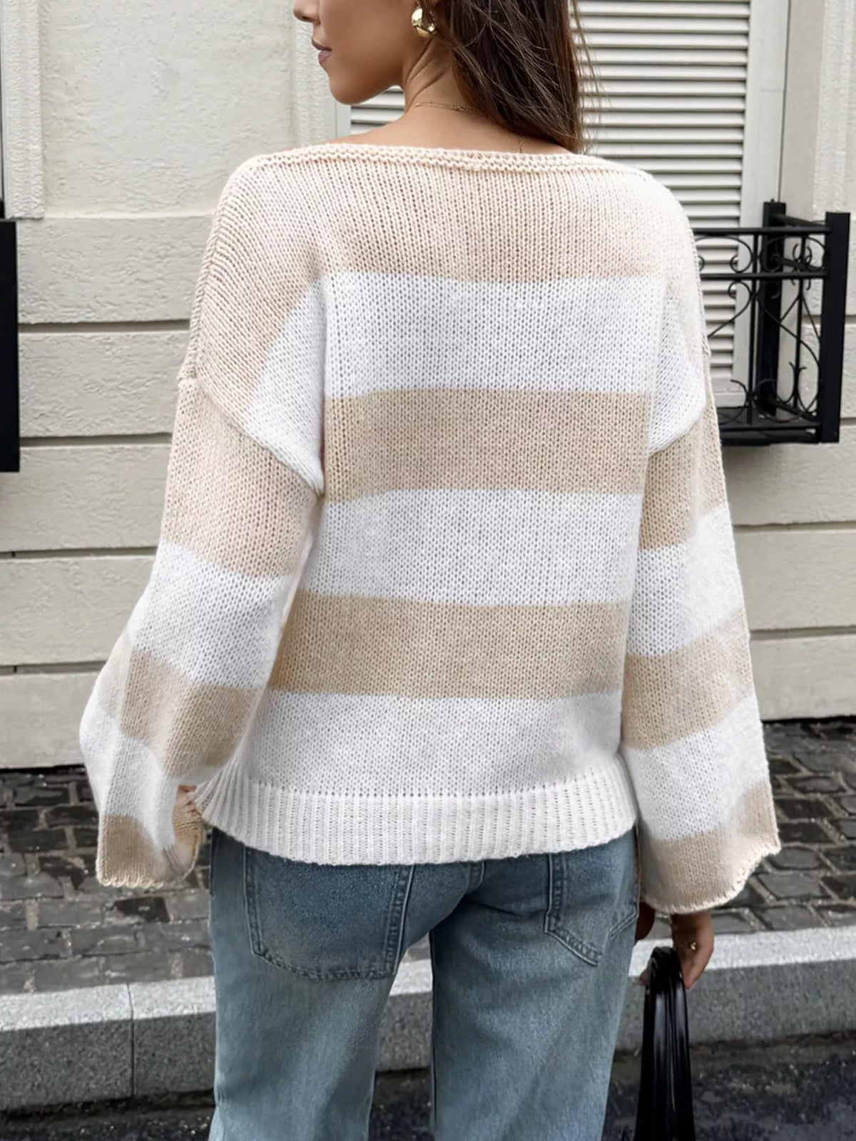Striped Knit Boat Neck Sweater - Lilixa.store