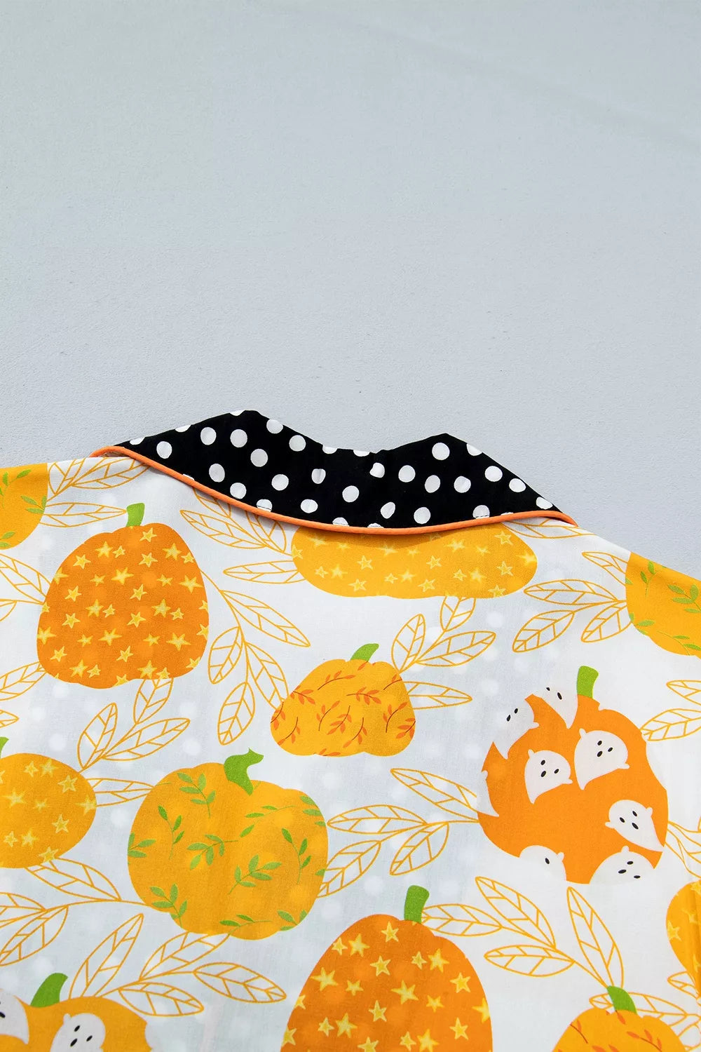 Short Sleeve Pumpkin Print Polka Dot Trim Pocket Placket Lounge Set - Lilixa.store