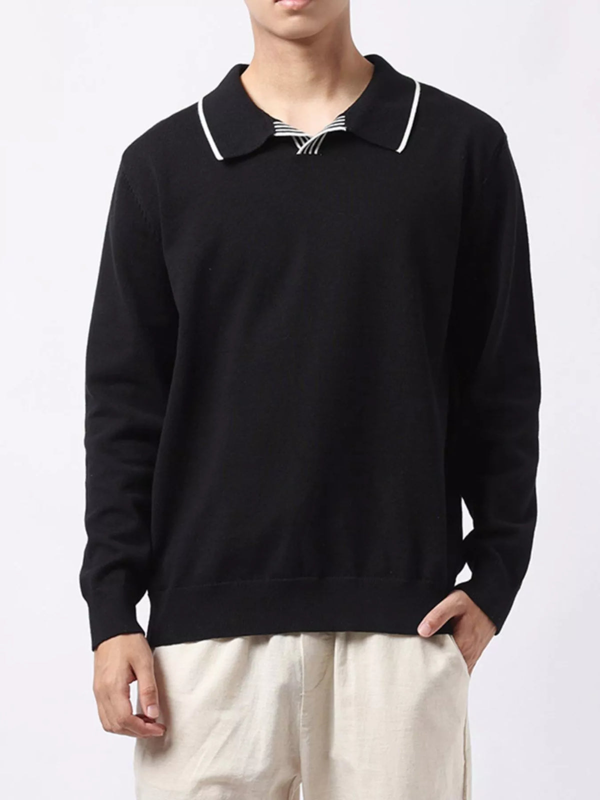 Men's Plus Size Long-Sleeve Contrast Trim Polo
