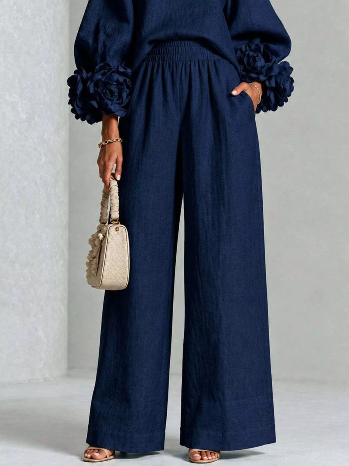 Full Size Floral Cuffs Top and Wide Leg Pants Set Plus Size