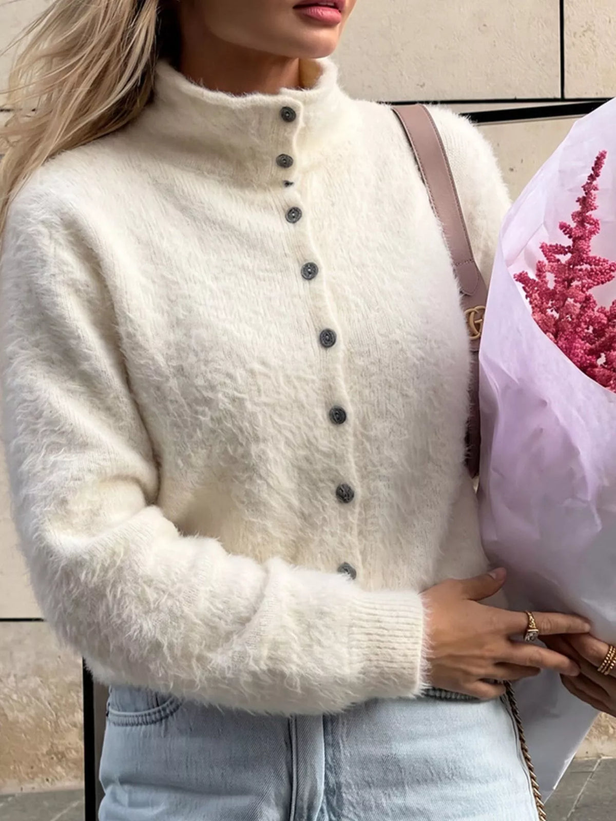 Mock Neck Button-Down Fuzzy Knit Cardigan, view 7