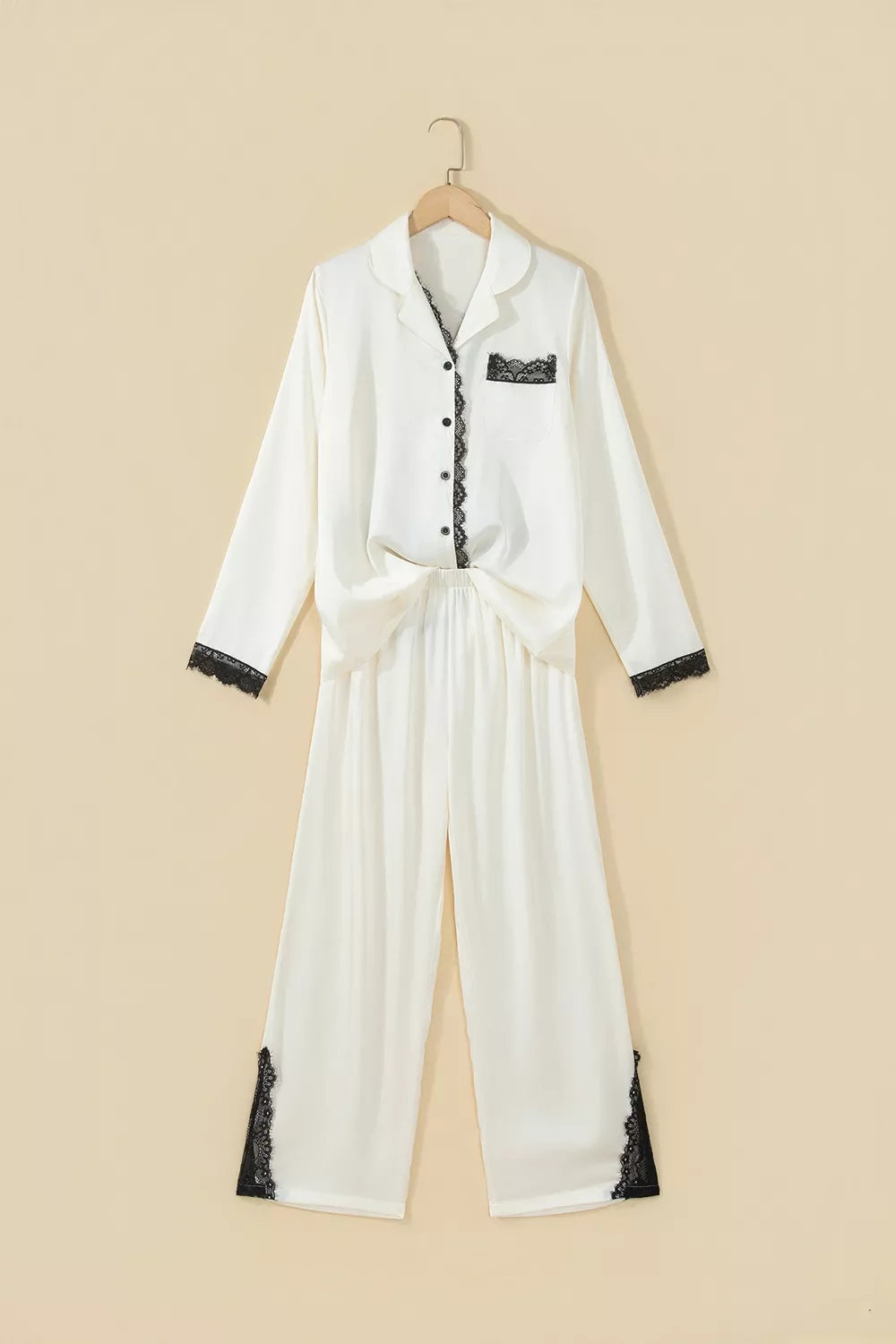 Long Sleeve Lace Trim Button Front Pajama Set in White, view 3
