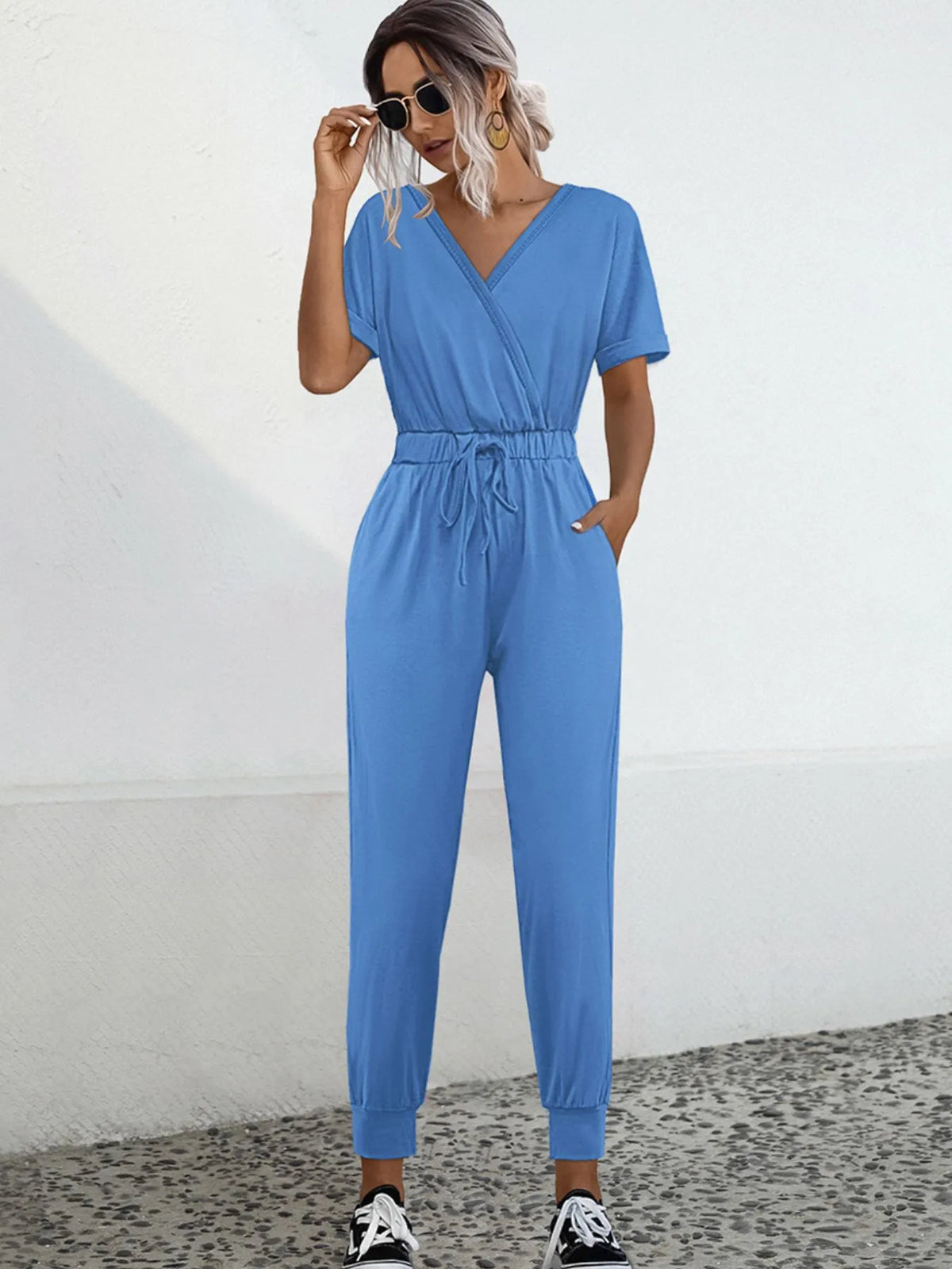 Drawstring Waist Short Sleeve Jumpsuit – image 1 | Lilixa