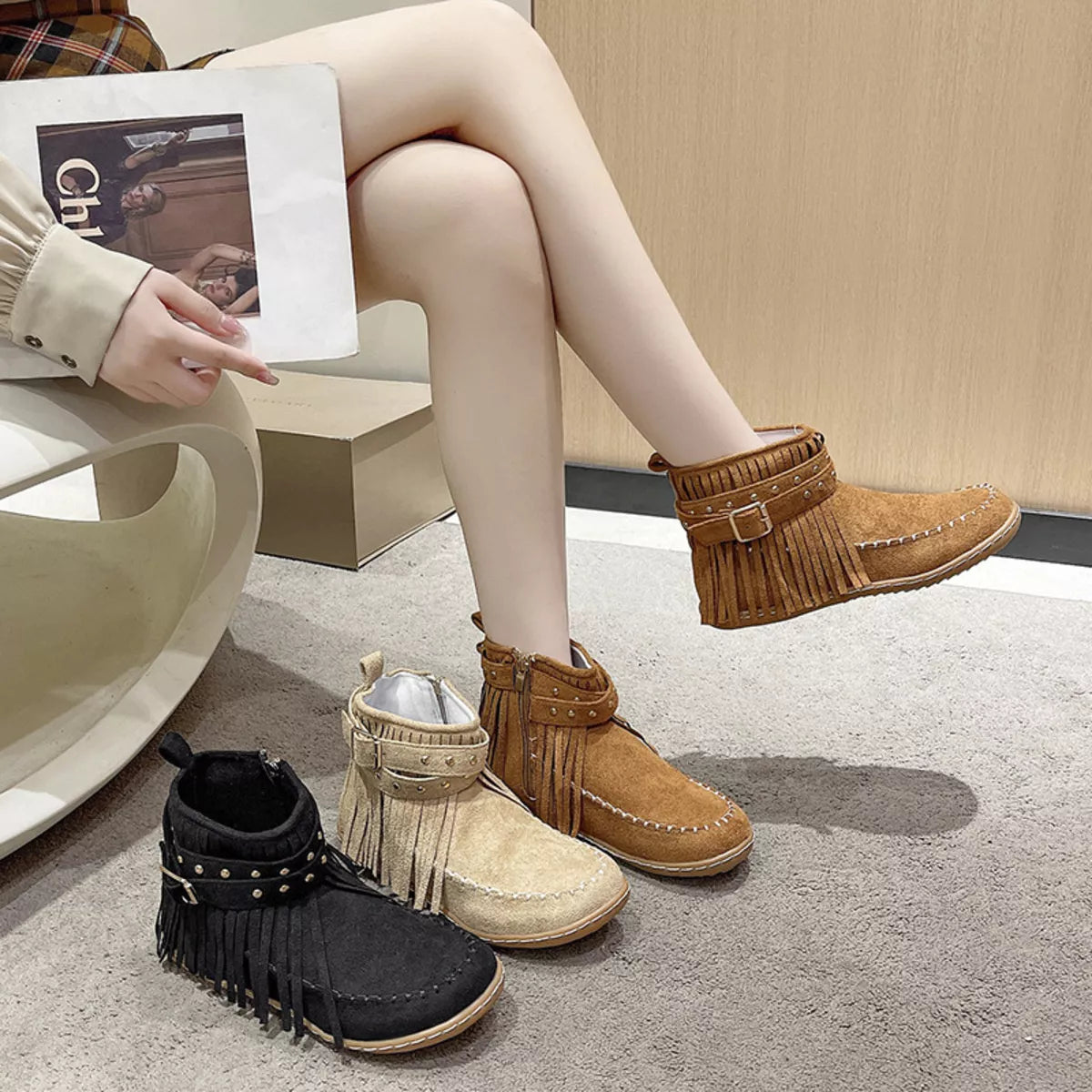 Fringe Round Toe Flats Boots - Lilixa.store