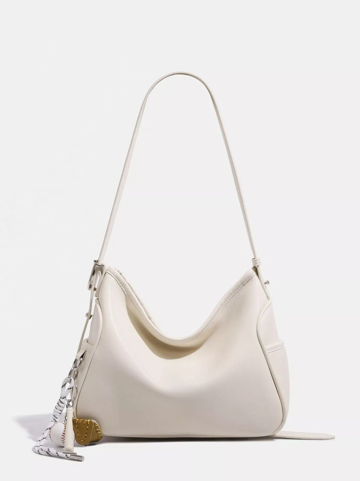 Hobo Shoulder Bag with Decorative Charms in Off-white, view 4