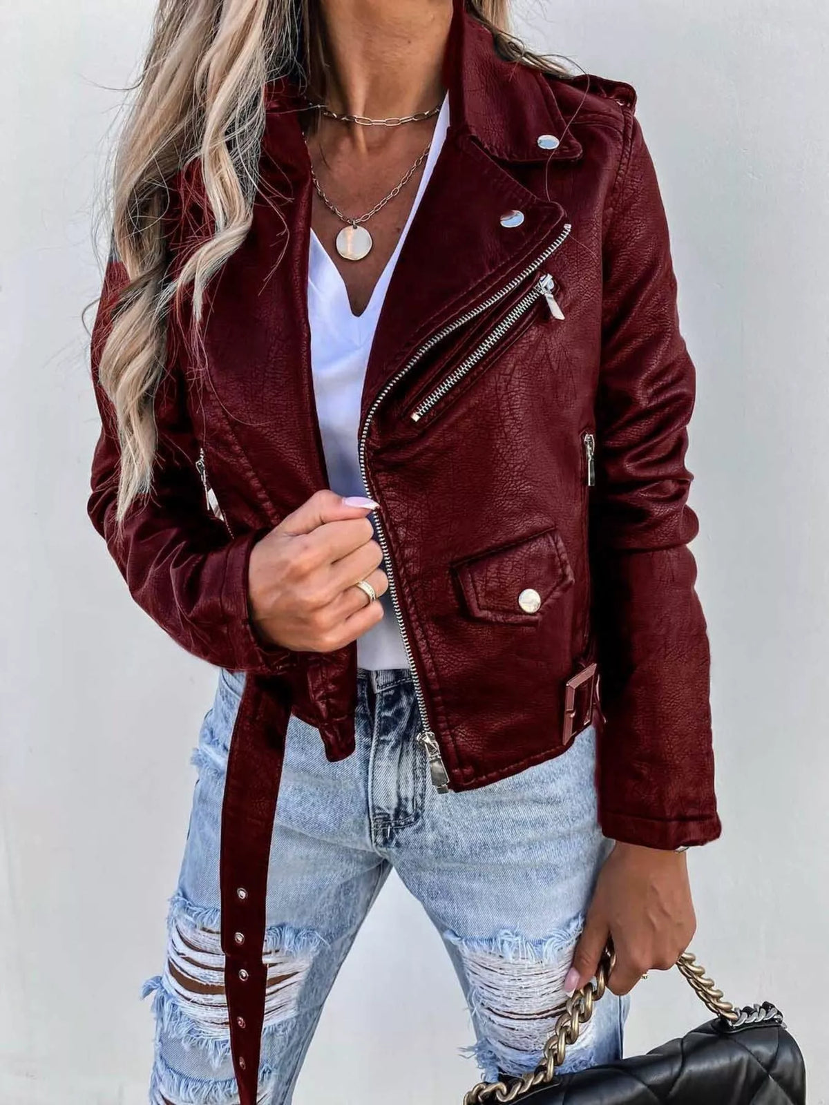 Full Size Zip Up Leather Motorcycle Biker Jacket Plus Size - Lilixa.store