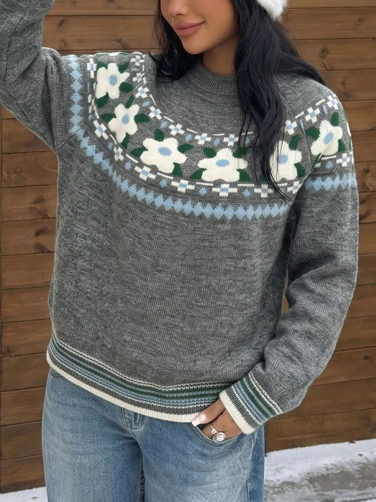 Floral Pattern Round Neck Sweater - Lilixa.store