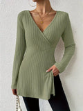 Ribbed Knit Long Sleeve Wrap T-Shirt with Side Slit - Lilixa.store