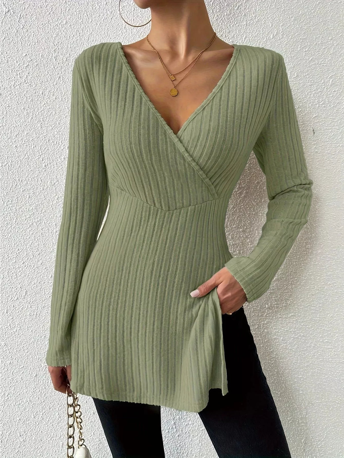 Ribbed Knit Long Sleeve Wrap T-Shirt with Side Slit - Lilixa.store