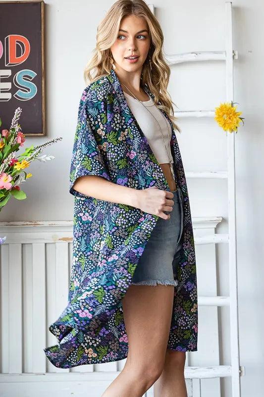 Heimish Full Size Half Sleeve Floral Open Cardigan Plus Size in Navy, view 12
