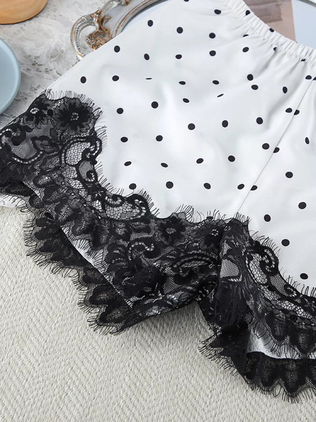 Polka Dot Lace Trim Cami & Cardigan and Shorts Set - Lilixa.store