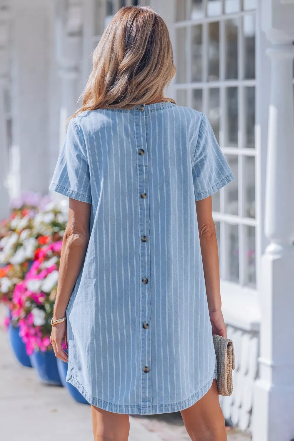 Stripe Buttoned Back T-Shirt Denim Mini Dress in Light Blue, view 2