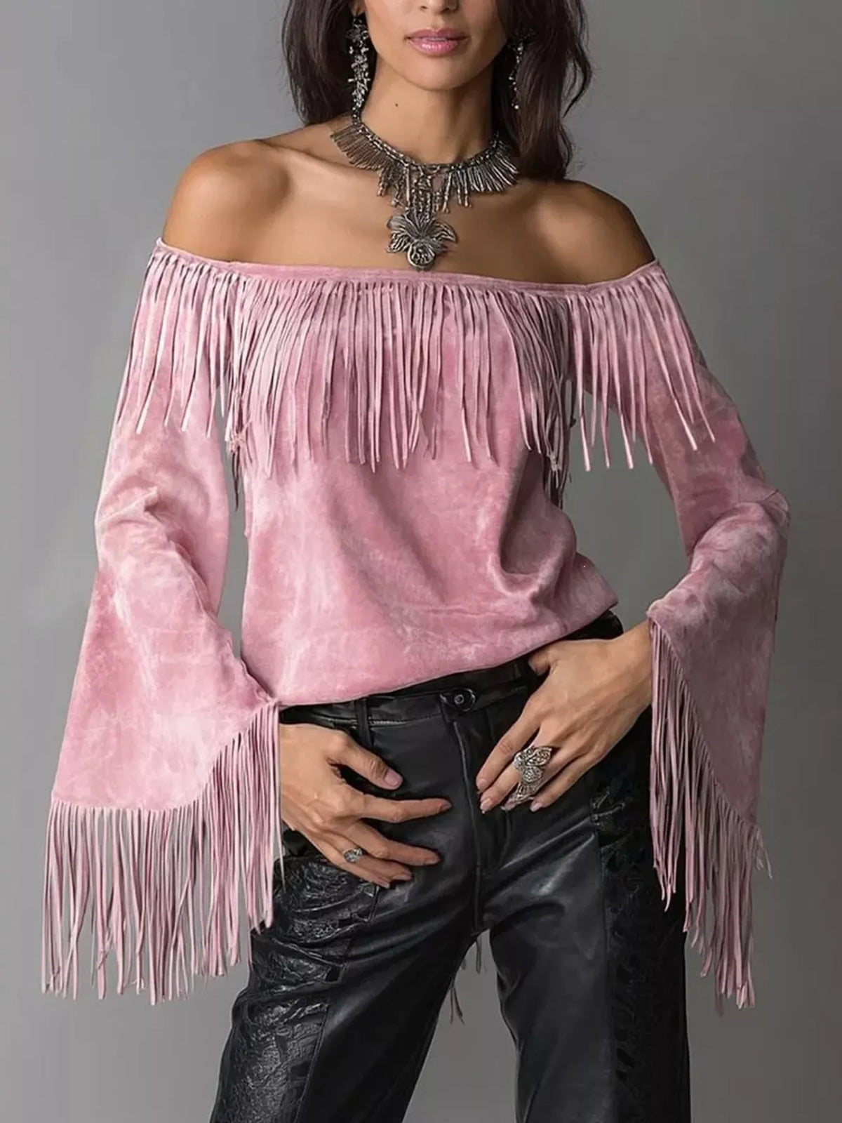 Full Size Fringed Off-Shoulder Flare Sleeve Top Plus Size - Lilixa.store