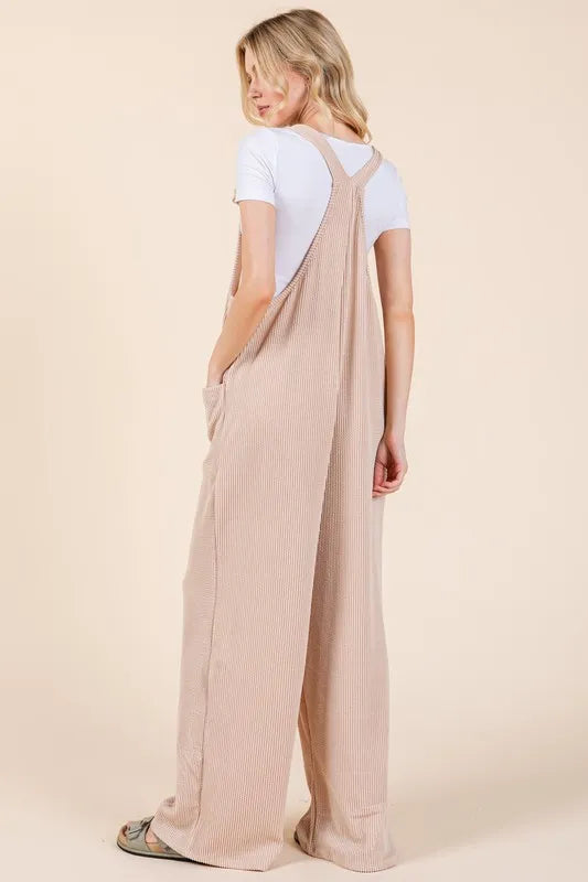 BOMBOM Knot Straps Wide Leg Ribbed Overalls with Pockets - Lilixa.store