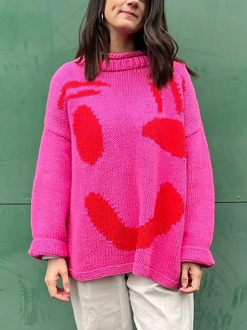 Contrast Drop Shoulder Long Sleeve Sweater in Hot Pink