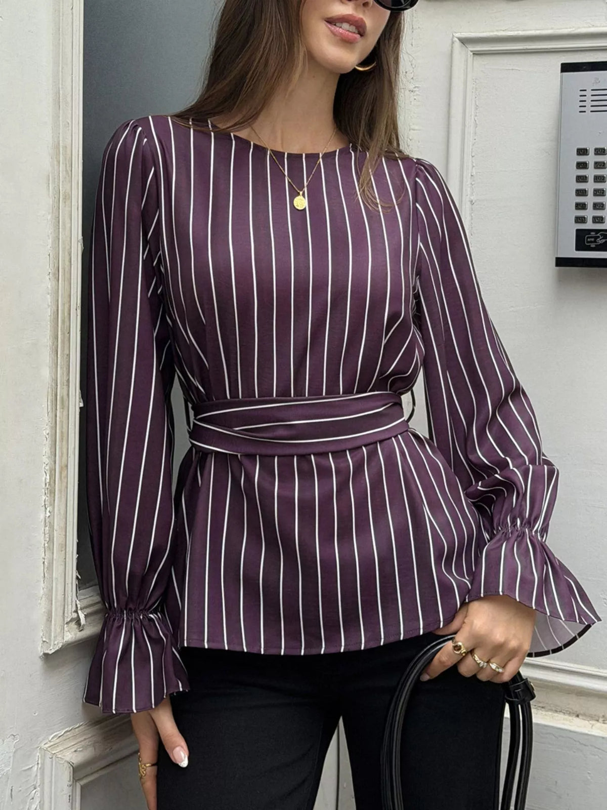 Striped Flounce Sleeves Blouse