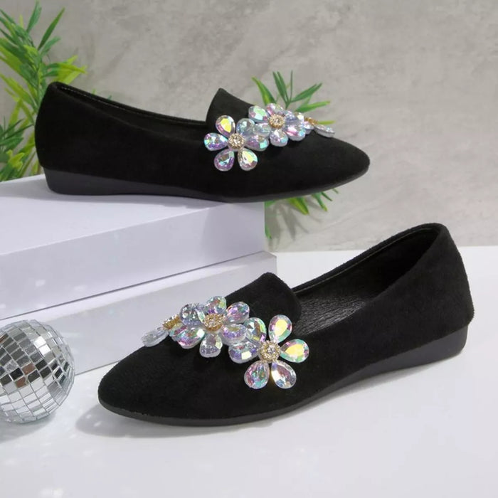 Rhinestone Point Toe Flats Slip-Ons in Black