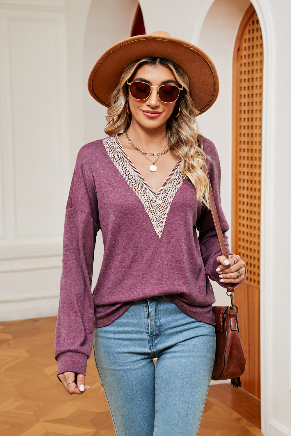 Contrast V-Neck Long Sleeve Blouse in Lilac