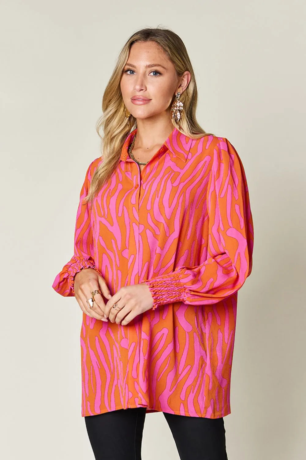 Double Take Full Size Printed Smocked Long Sleeve Blouse Plus Size - Lilixa.store