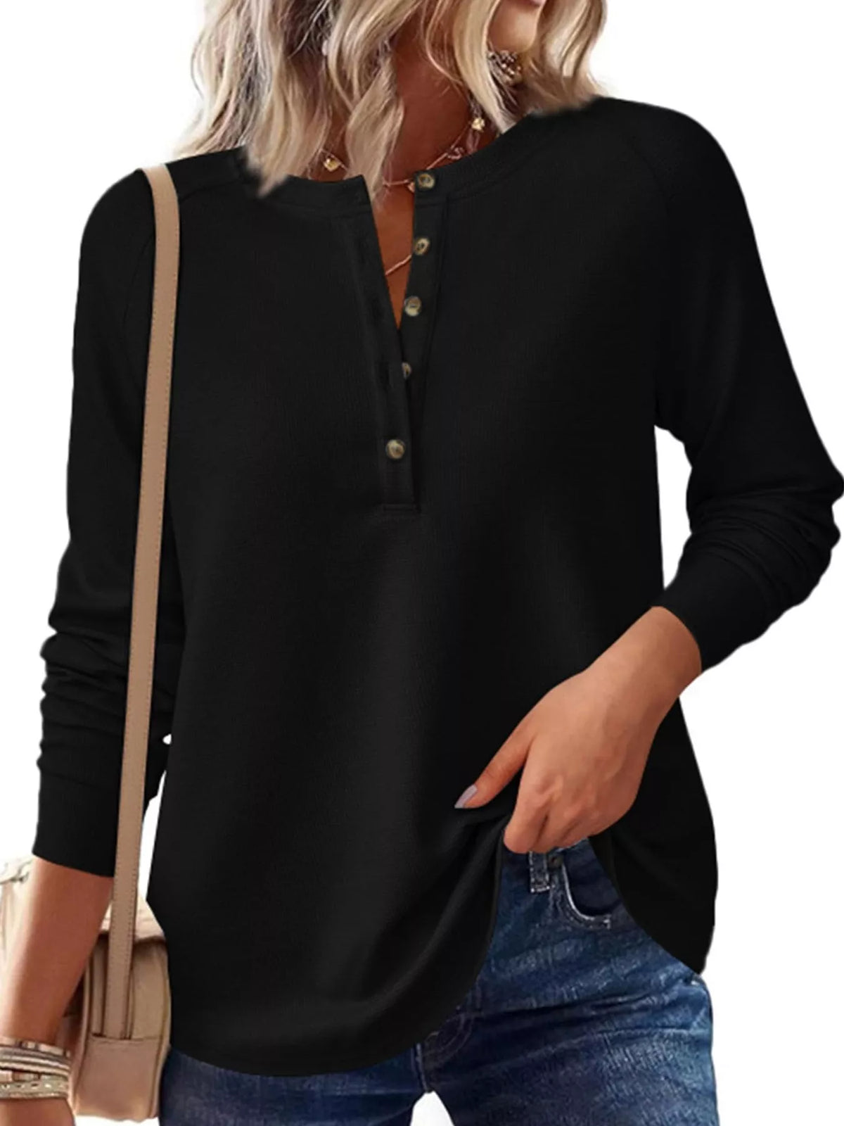 Waffle Knit Henley Long Sleeve T-Shirt