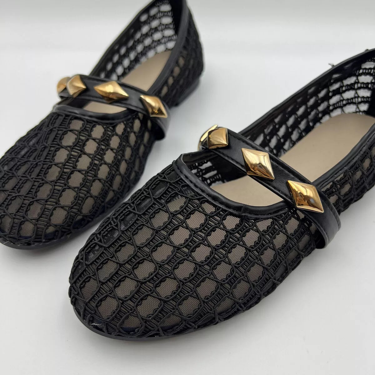 Breathable Mesh Loafers with Decorative Gold Studded Straps in Black