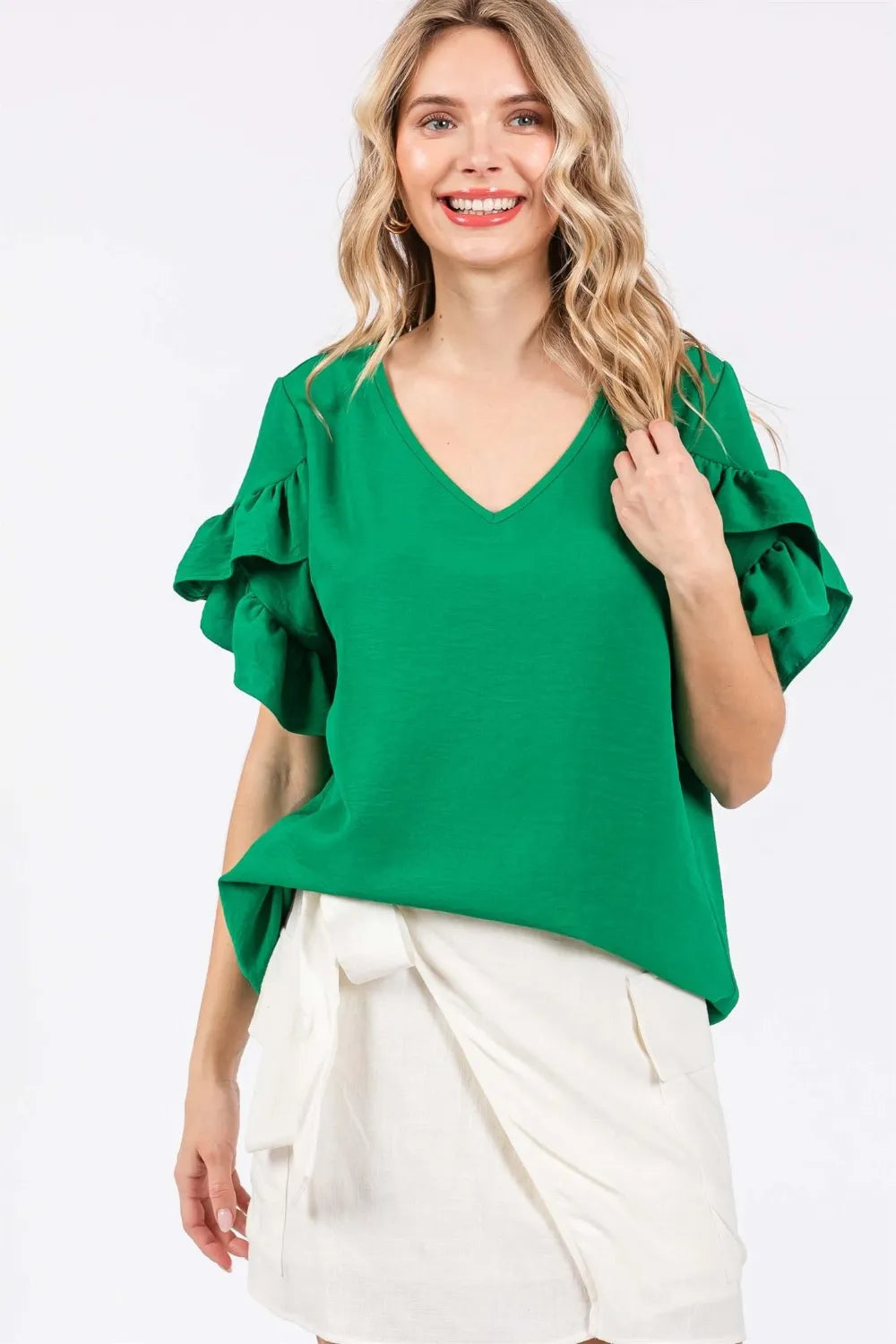 GeeGee Ruffled Short Sleeve V-Neck Blouse - Lilixa.store