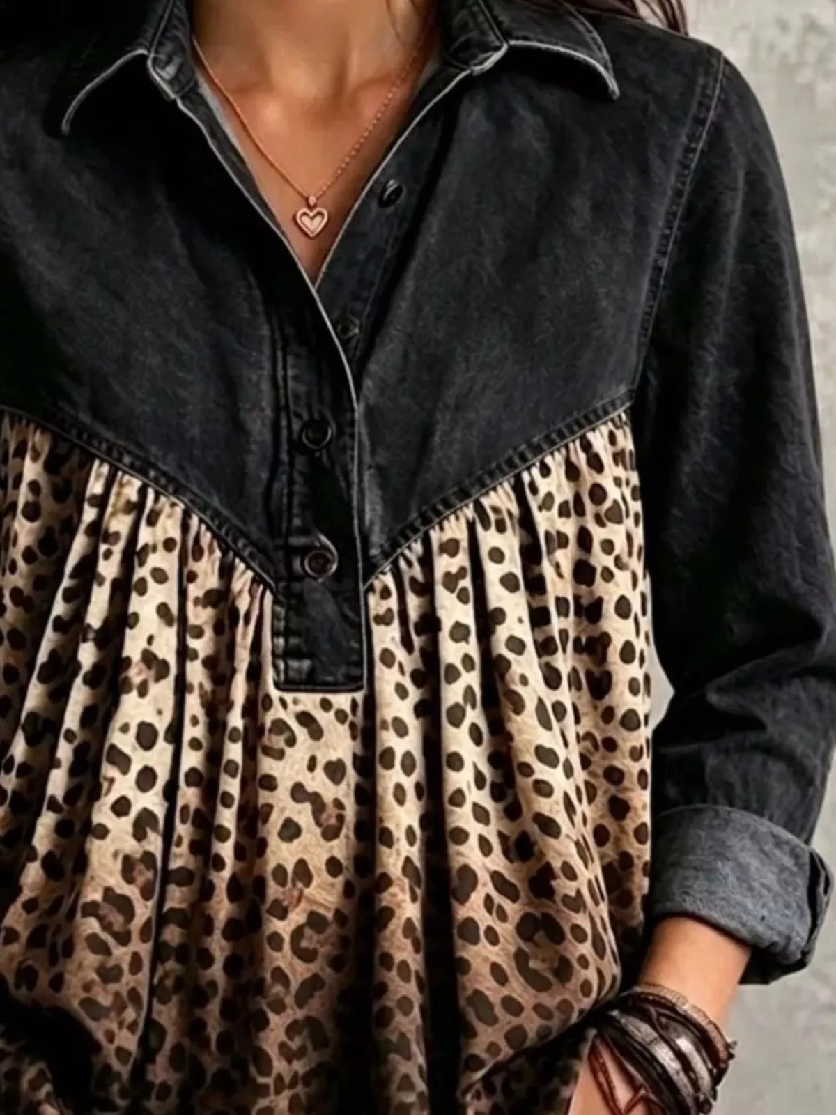 Full Size Leopard Button Detail Blouse Plus Size - Lilixa.store