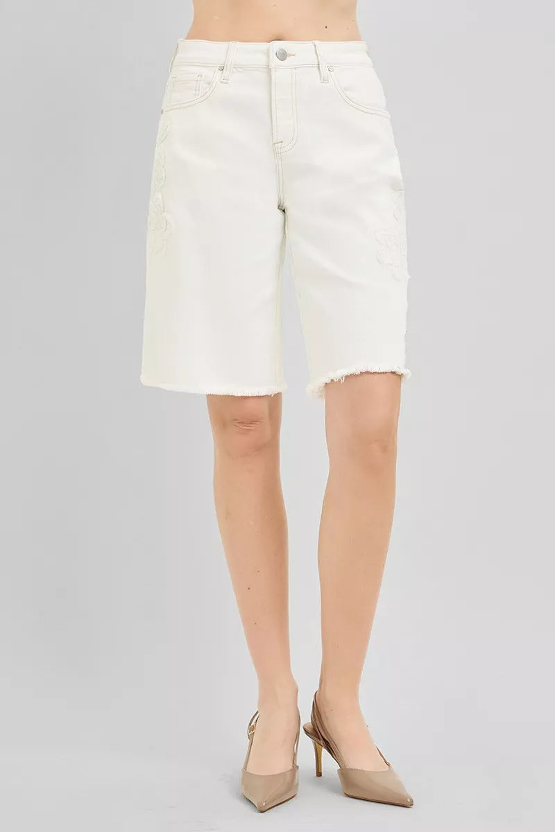 RISEN Slouchy Relaxed Floral Embroidered Bermuda Denim Shorts in Cream, view 5
