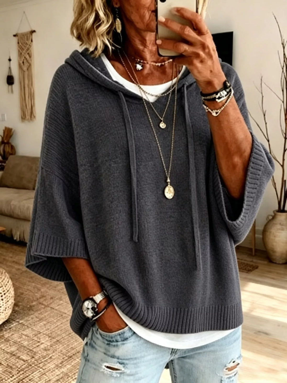 Full Size Casual Hooded Batwing Sleeve Knit Sweater Plus Size - Lilixa.store