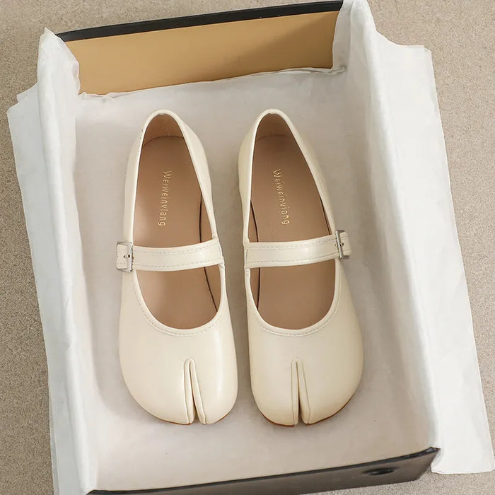 Split-Toe Flat Slip-Ons in Beige