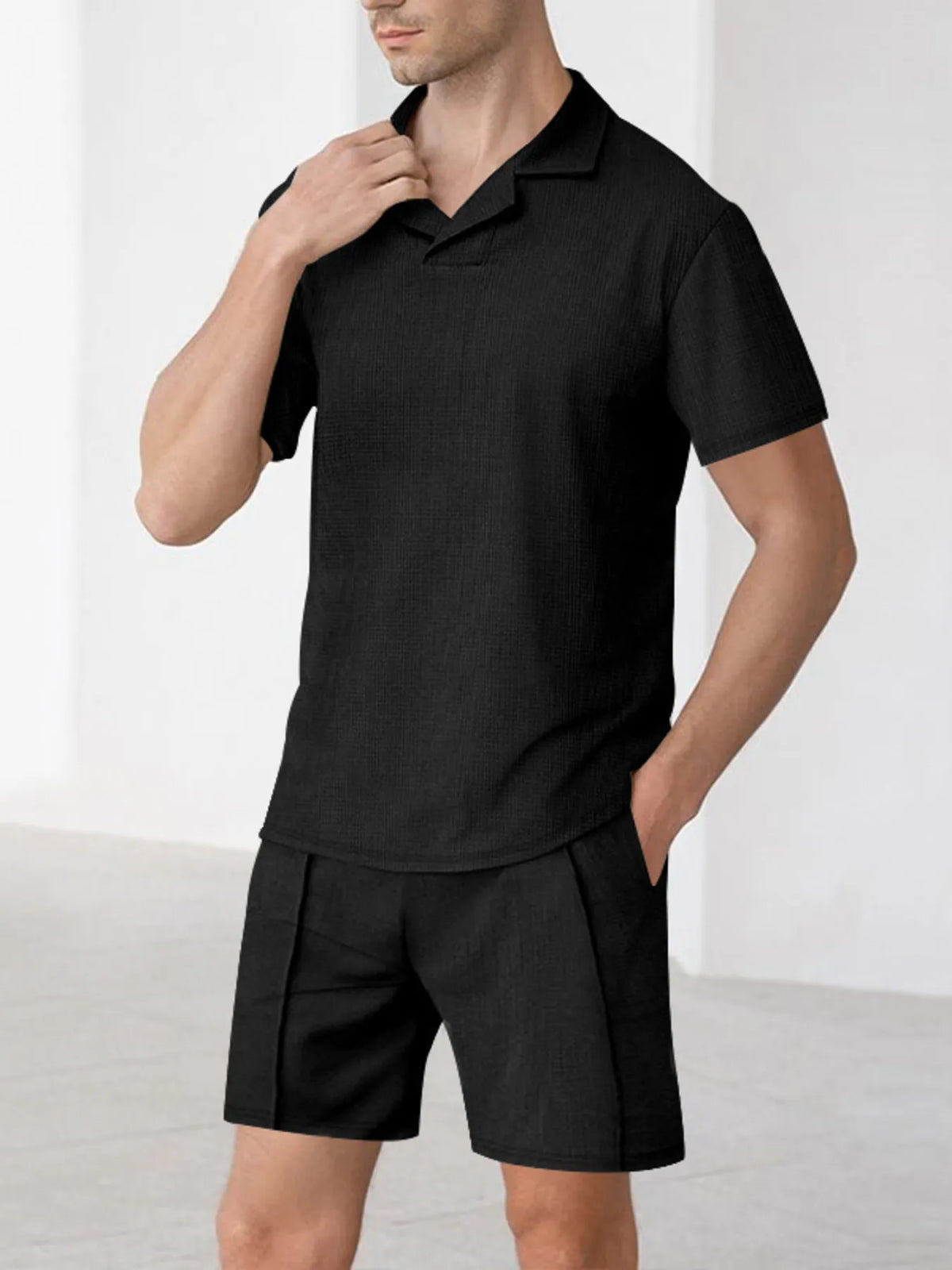 Men's Full Size Short Sleeve Top and Shorts Matching Set Plus Size in Black