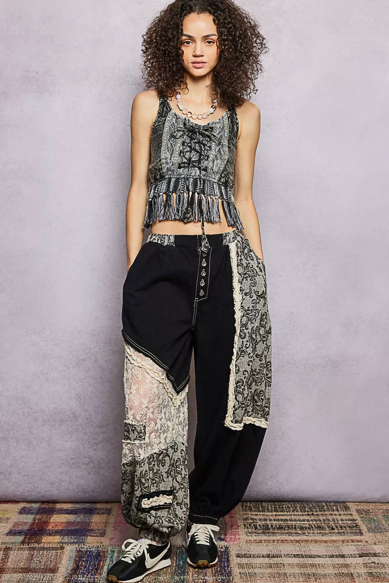 POL Lace-Up Fringe Hem Tank with Lace Detail - Lilixa.store