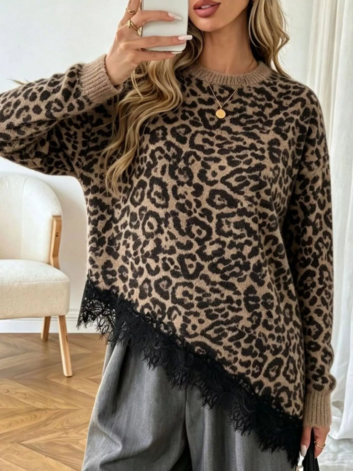 Round Neck Sweater with Asymmetric Lace Hem in Khaki Color