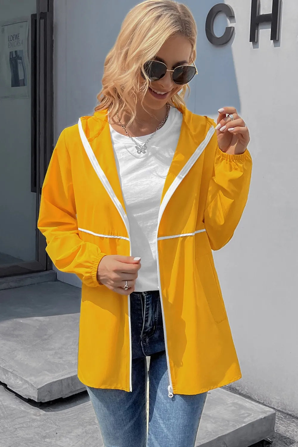 Ivy Lane Zip Up Long Sleeve Hooded Watertight Jacket in Gold