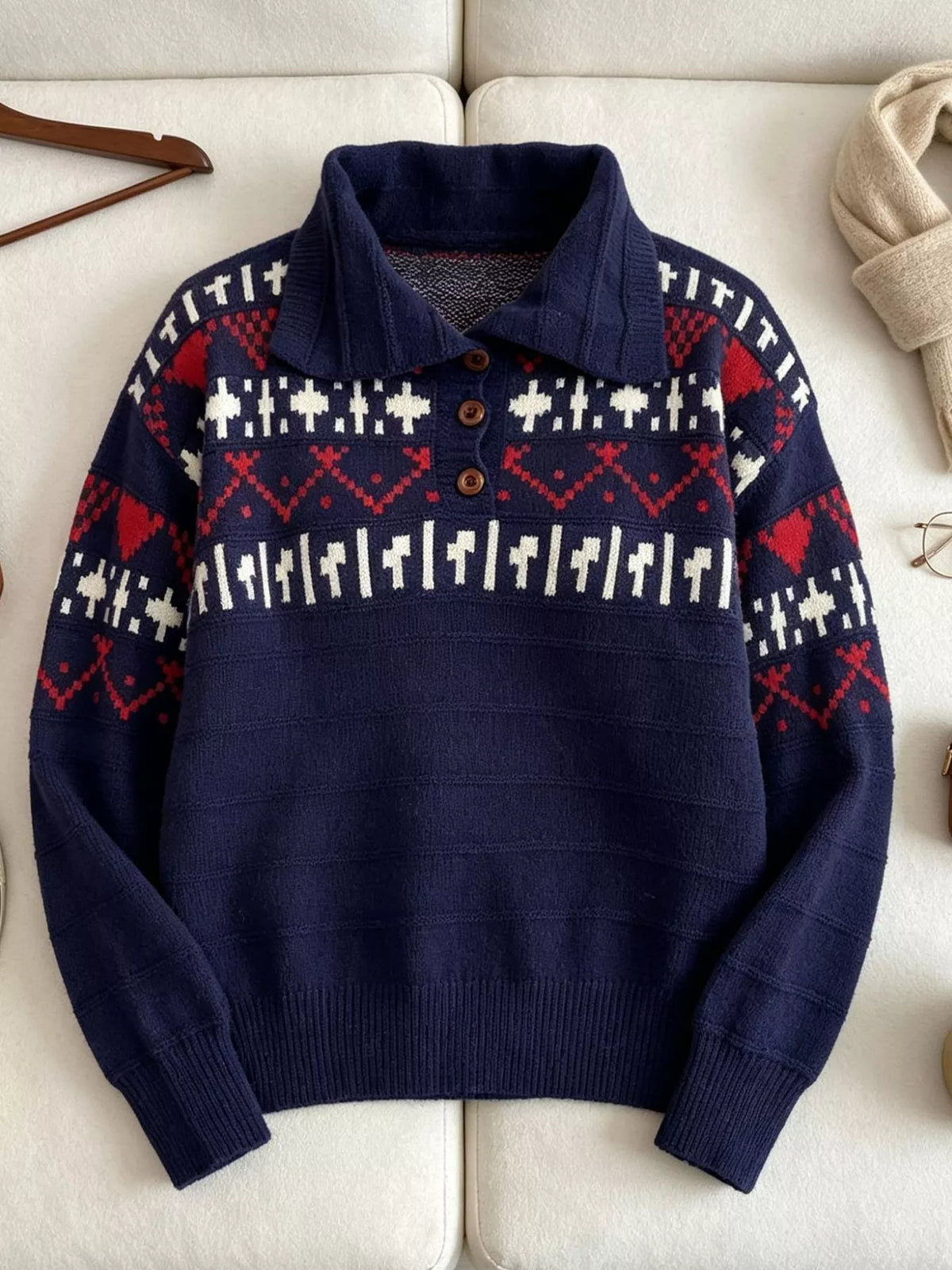 Vintage-Inspired Fair Isle Patterned Polo Sweater, view 20