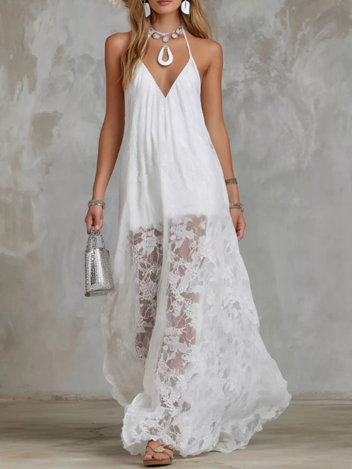 Halter Neck Lace Hem Maxi Dress