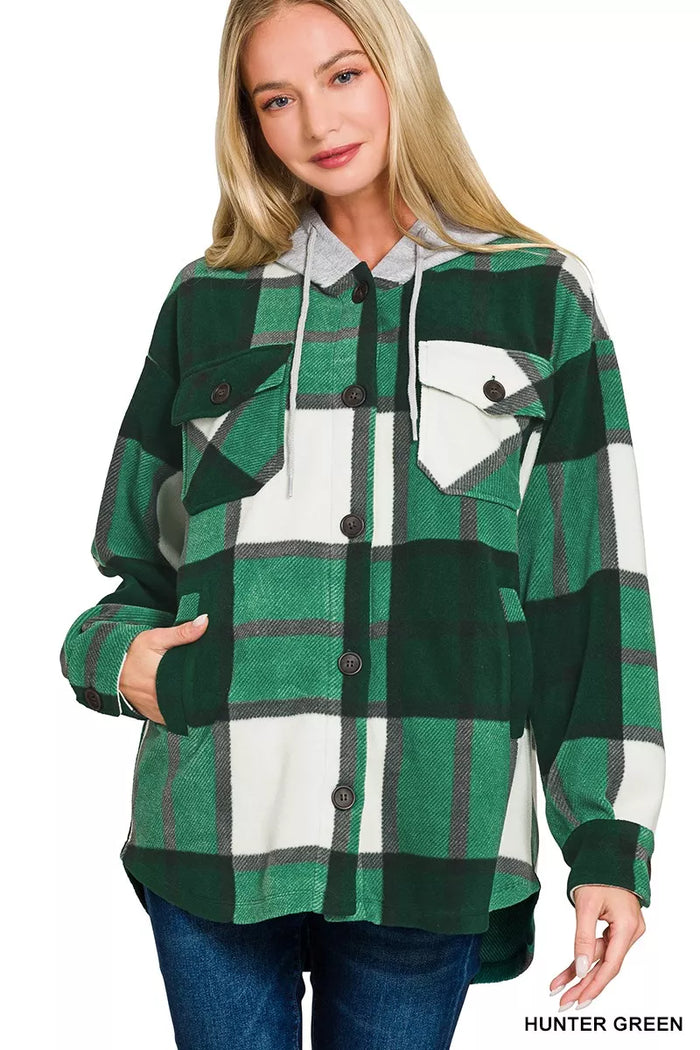 Zenana Plaid Drawstring Hooded Fleece Shacket in Hunter Green