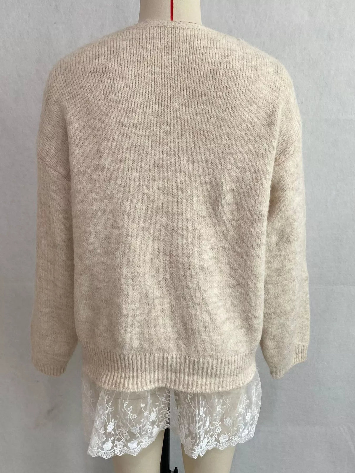 V-Neck Floral Applique Lace Hem Sweater, view 11