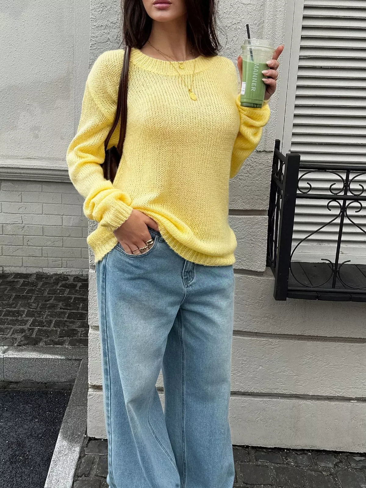 Crew Neck Dropped Shoulder Sweater - Lilixa.store