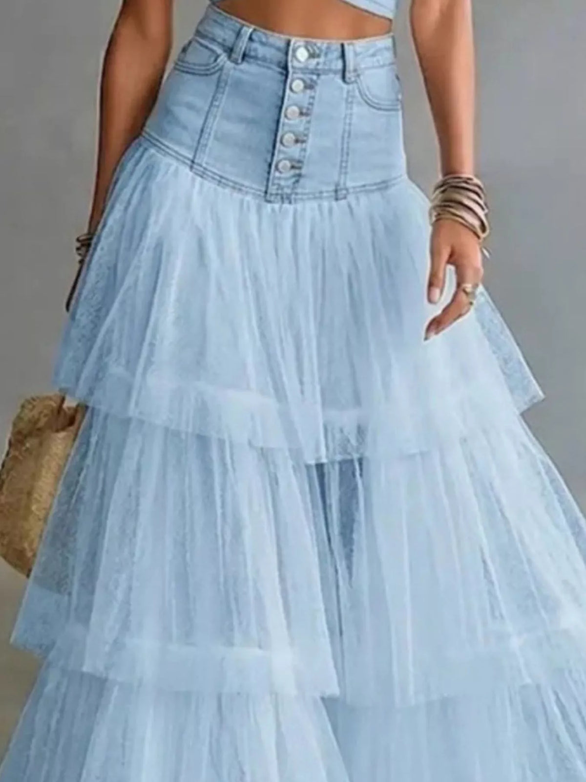 High-Waisted Button-Front Denim and Tulle Maxi Skirt, view 2