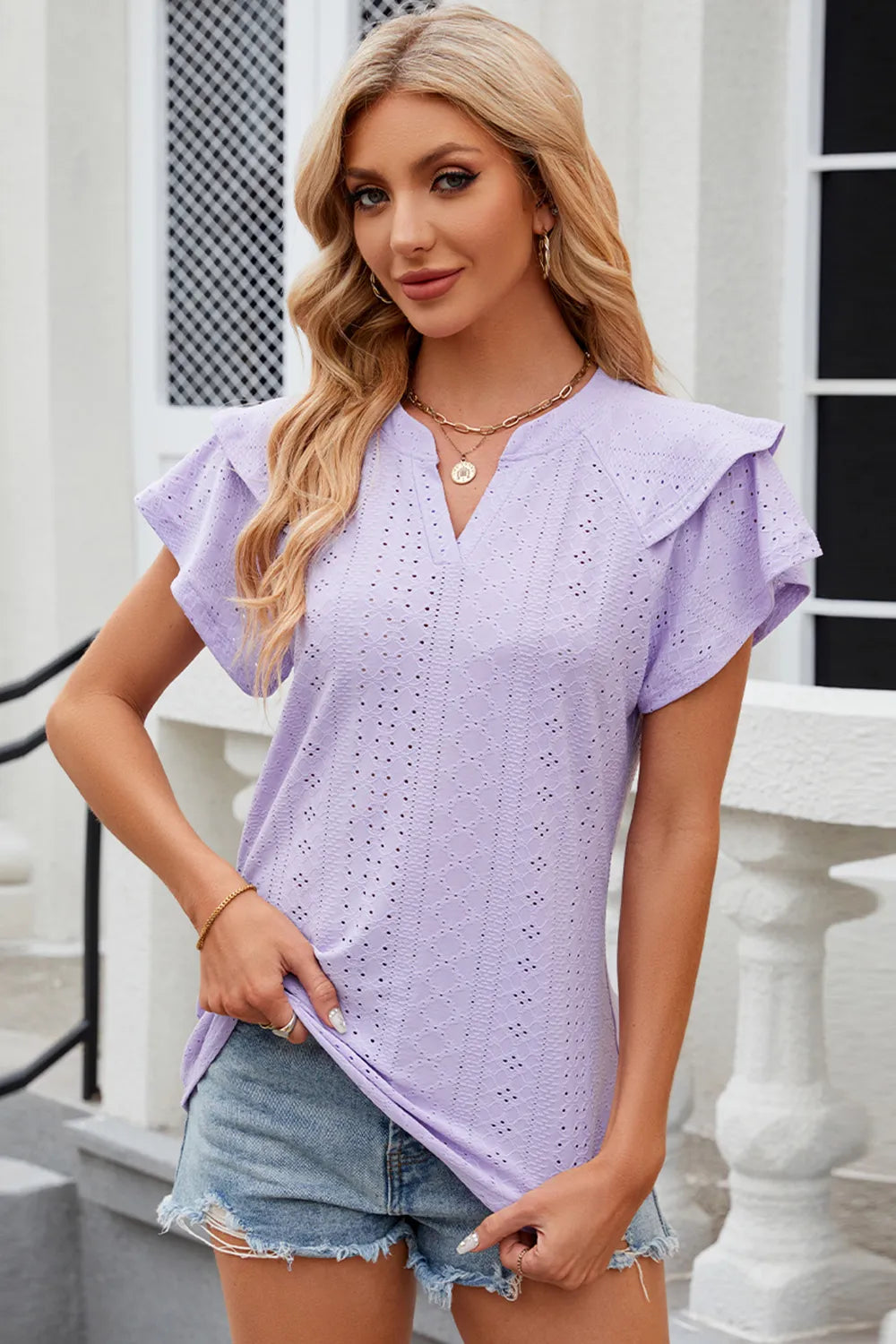 Eyelet Notched Flutter Sleeve T-Shirt - Lilixa.store