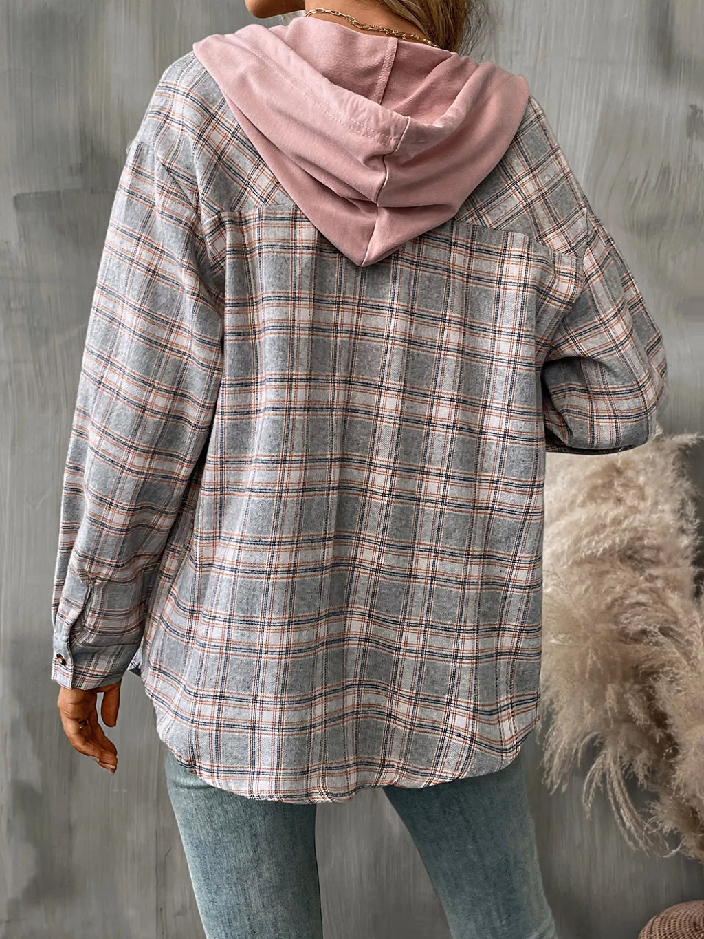 Plaid Button-Up Hooded Shirt with Chest Pocket - Lilixa.store