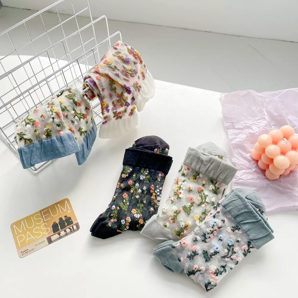 Floral Sheer Crew Socks 5 Pair Set