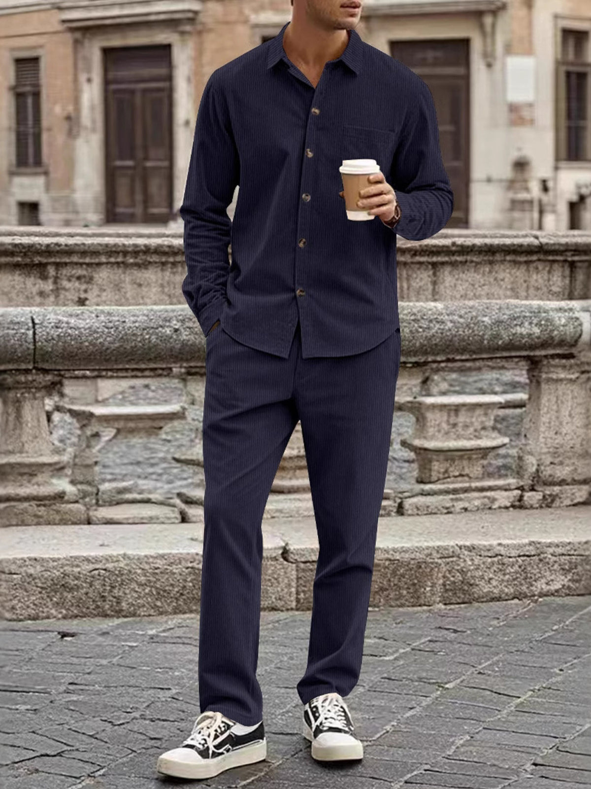 Men's Full Size Button Up Long Sleeve Shirt and Pants Set Plus Size - Lilixa.store