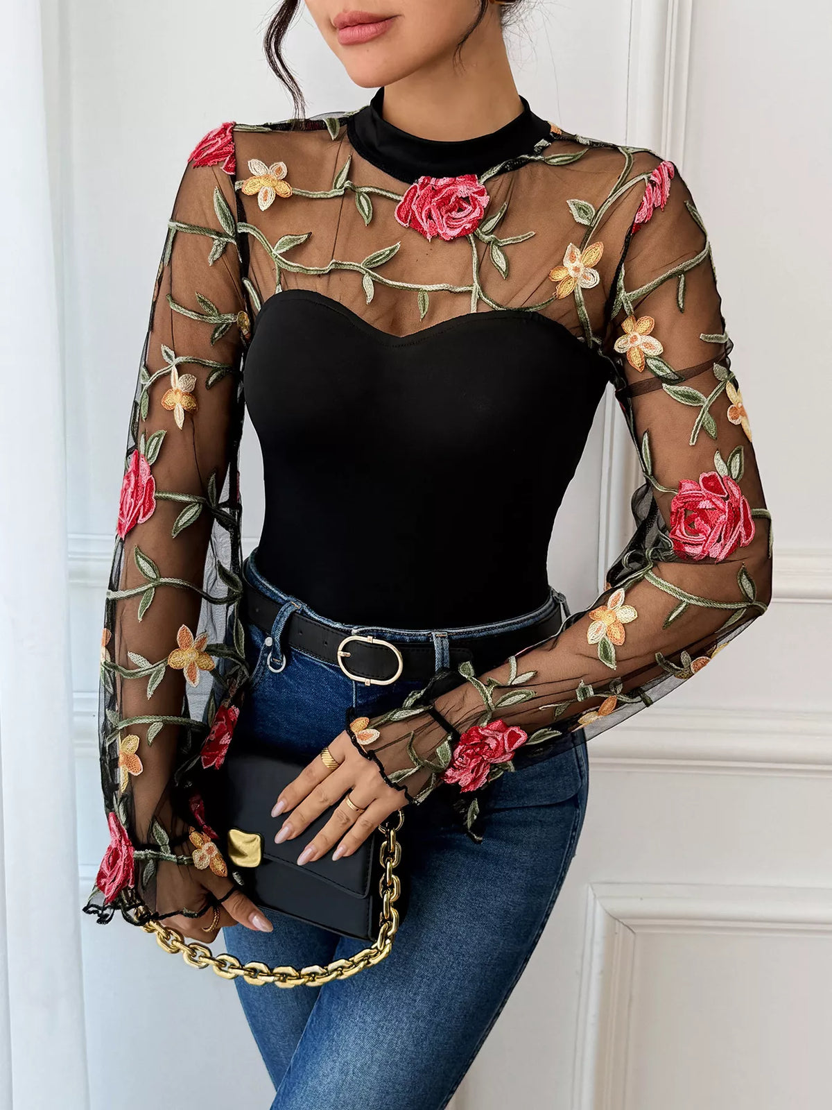 Floral Embroidered Mesh Long Sleeve Bodysuit - Lilixa.store