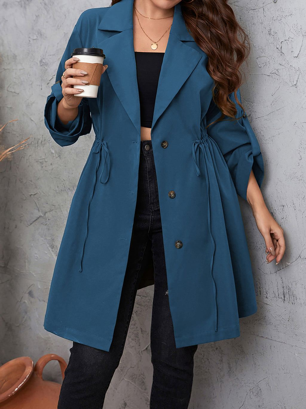 Honey Plus Size Lapel Collar Drawstring Roll-Tab Sleeve Trench Coat - Lilixa.store