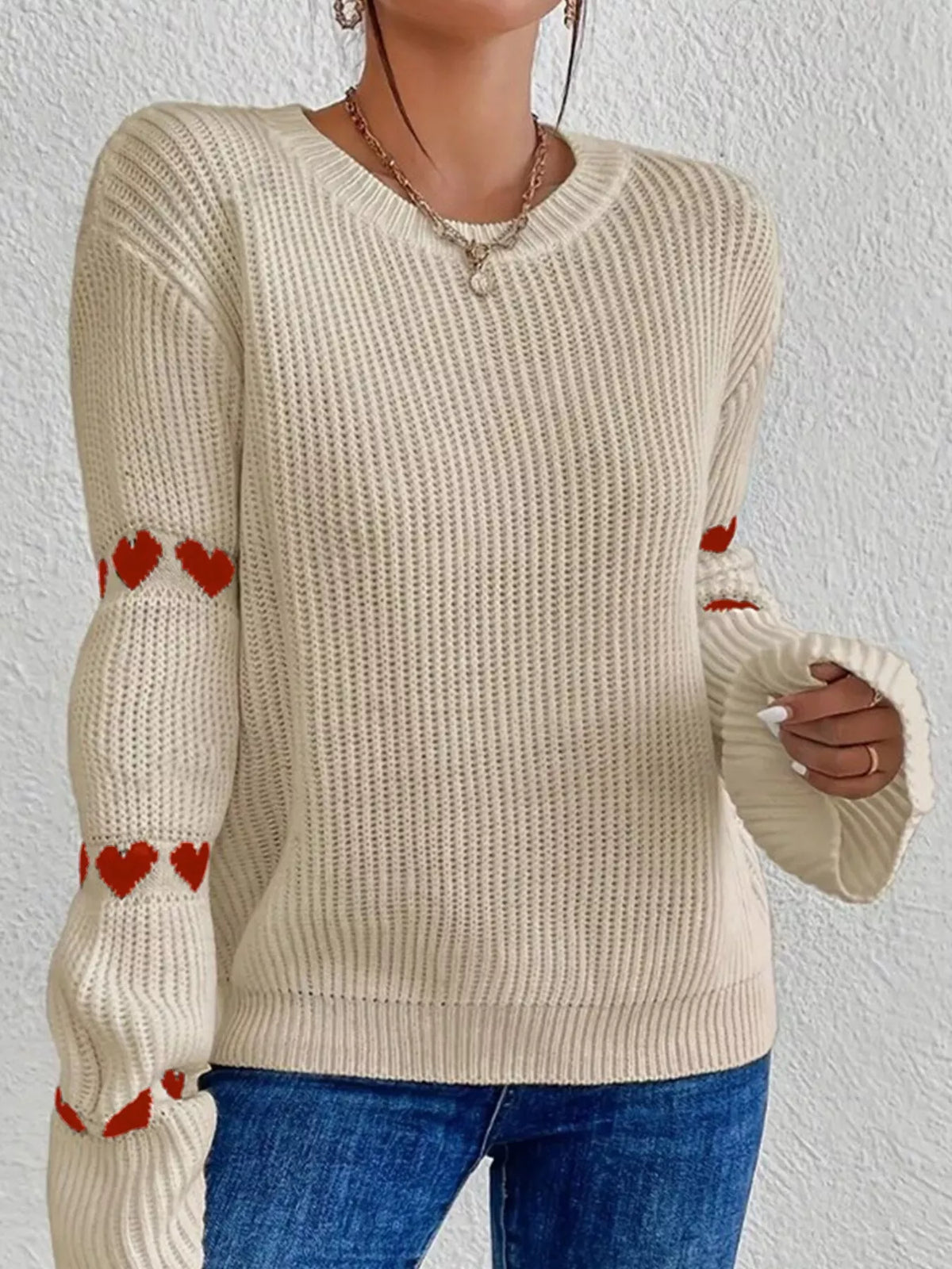 Heart Pattern Dropped Shoulder Sweater in Red Apricot